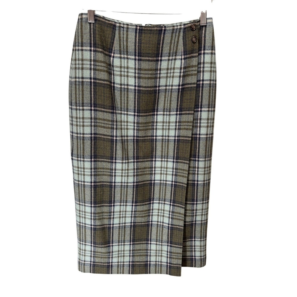 Talbots Plaid Pencil Skirt Womens‎ 6P Green Wool Wrap Front Midi Career